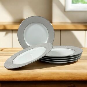 Vintage Mikasa Parchment 3438 Dinner Plates Set of 6 Gray Scroll Platinum Rim